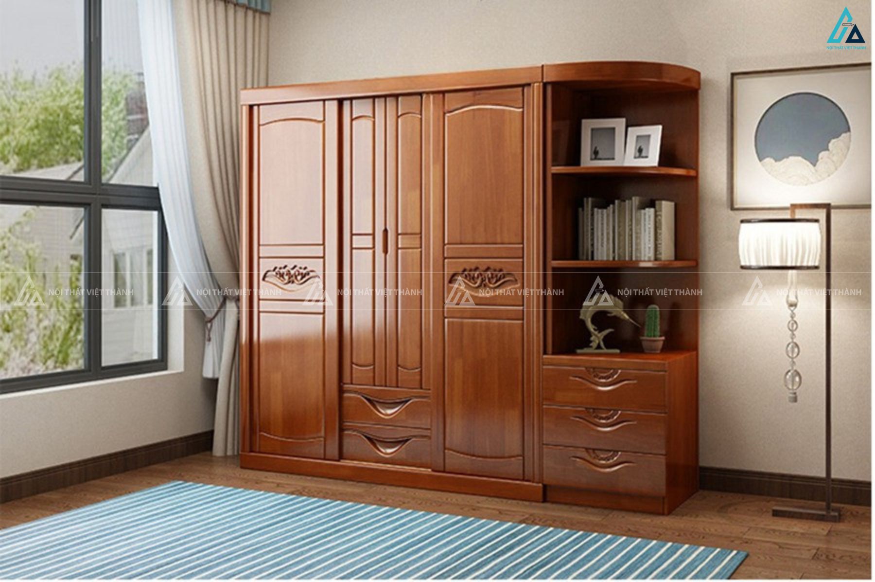 Tủ quần áo gỗ tự nhiên chạm khắc tinh xảo kèm kệ trưng bày đa năng 1