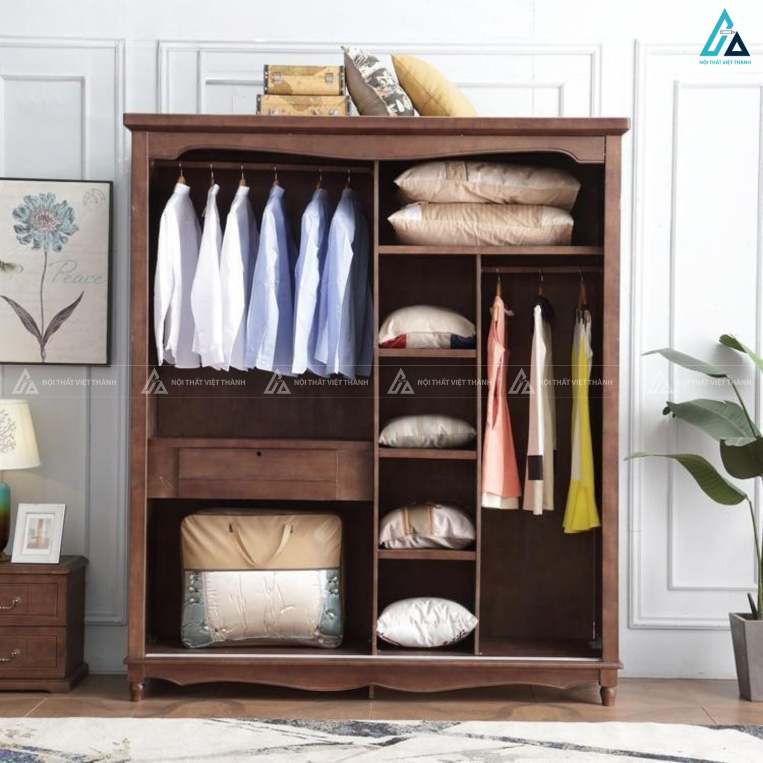 Tủ quần áo gỗ tự nhiên cánh lùa phong cách tân cổ điển sang trọng 1