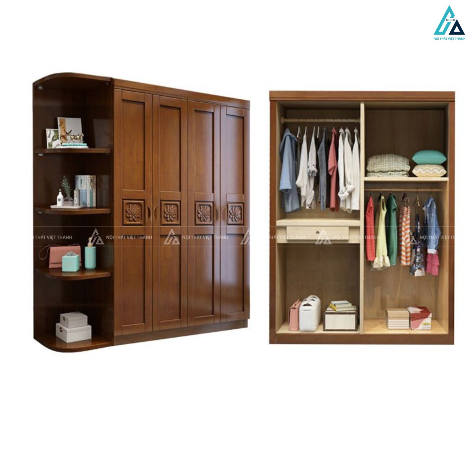 Mẫu tủ áo gỗ tự nhiên thiết kế cổ điển kèm kệ mở thông minh 3