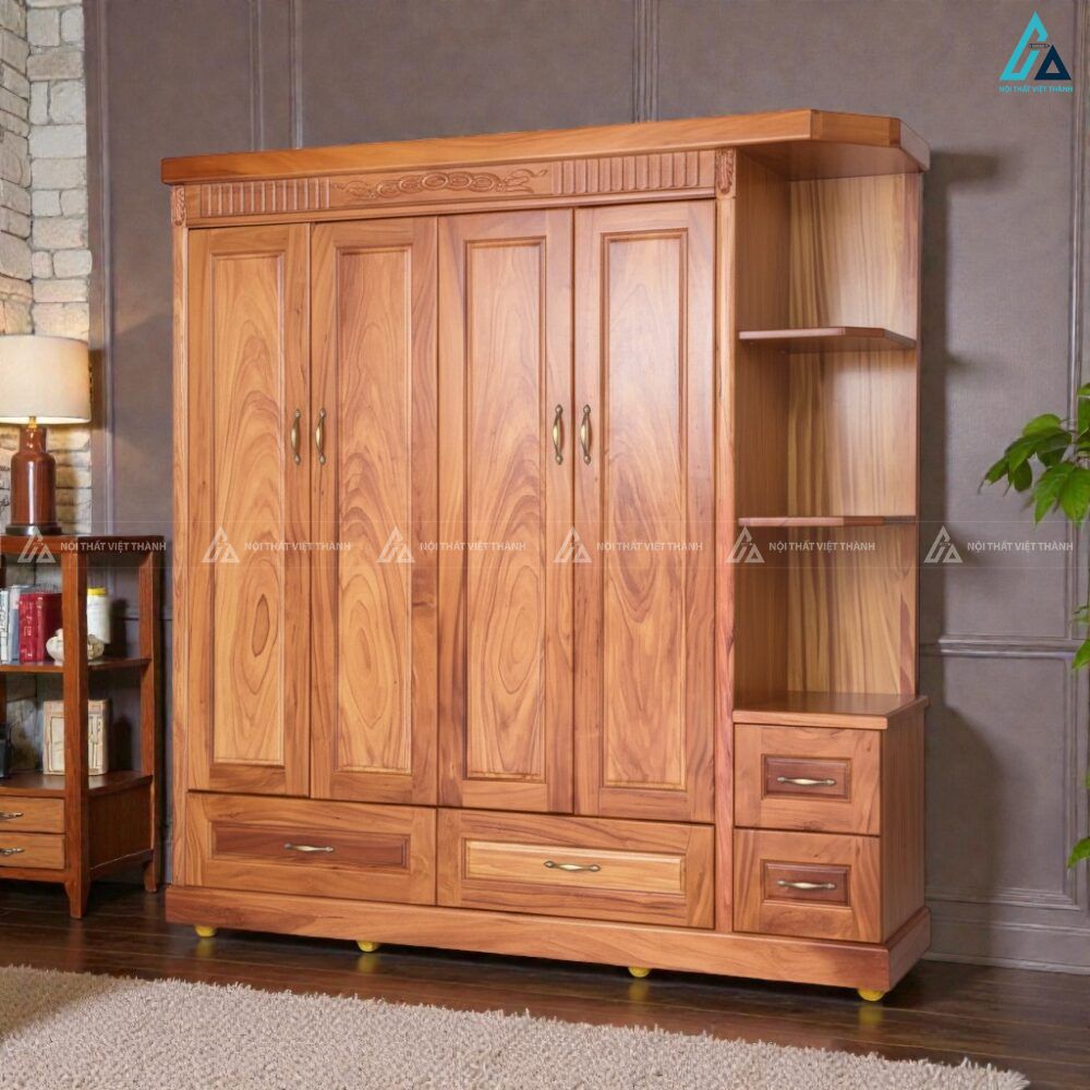 Tủ quần áo gỗ tự nhiên 4 cánh kết hợp kệ trang trí tiện nghi 1
