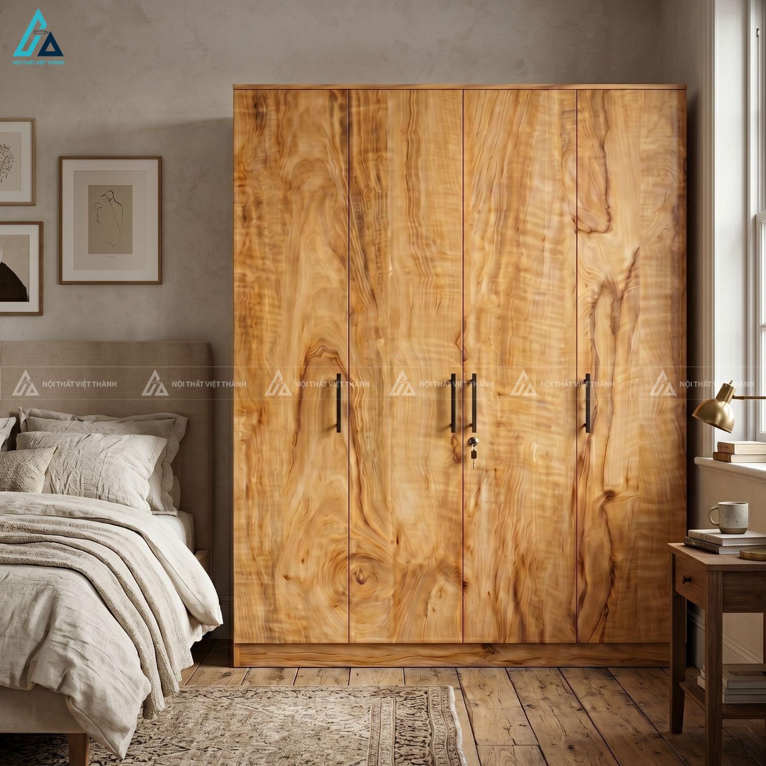 Thiết kế tủ áo gỗ tự nhiên màu sáng vân gỗ cuộn sóng tinh tế
