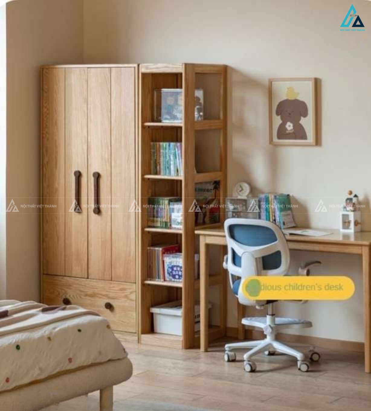 Tủ quần áo gỗ tự nhiên thiết kế thông minh với kệ sách trang trí 1