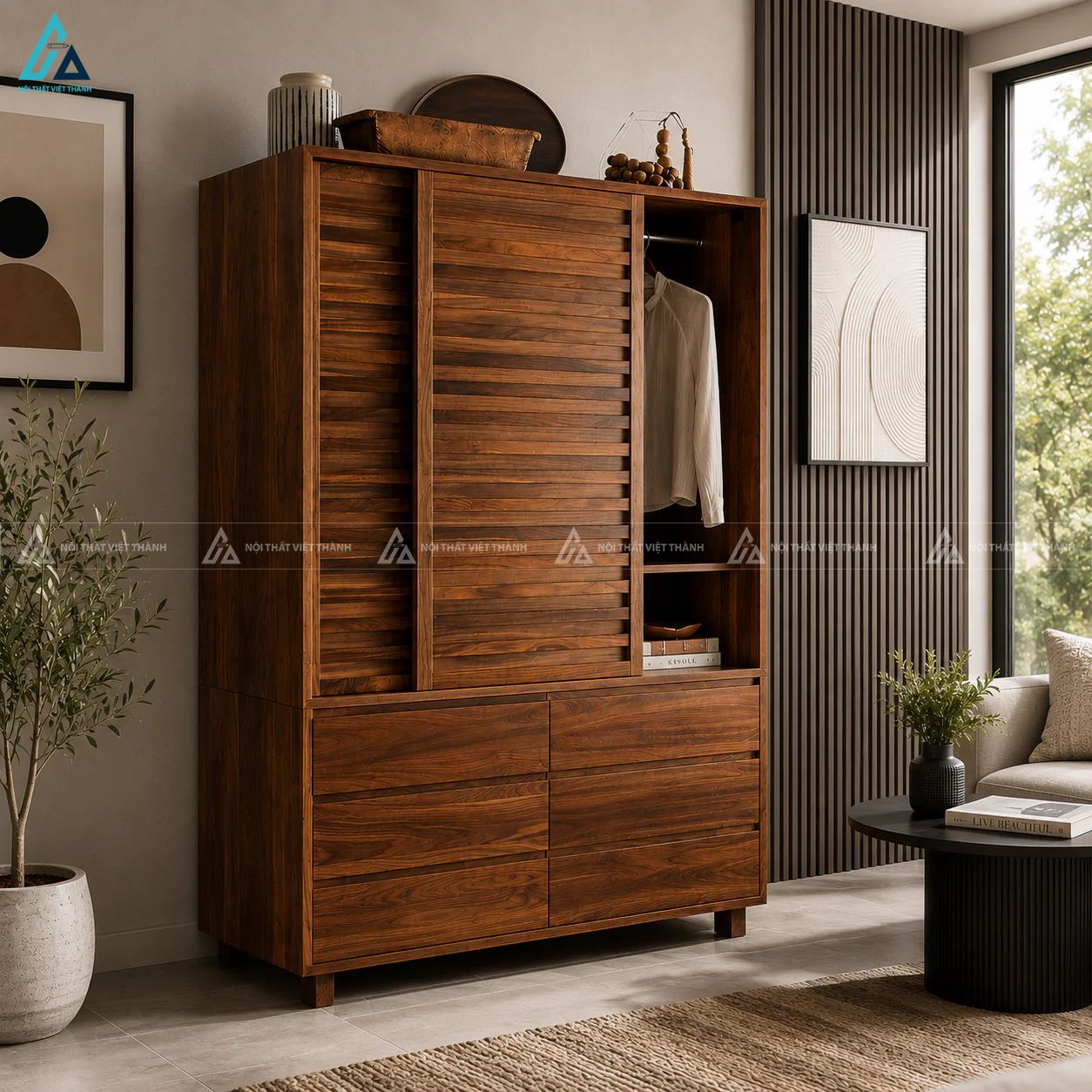 Tủ quần áo gỗ tự nhiên cửa lùa nan ngang tiện dụng sang trọng