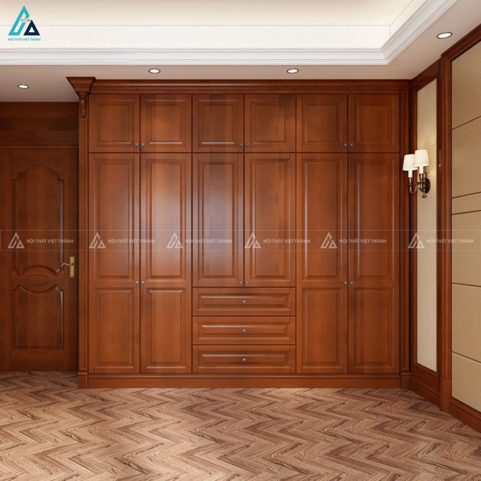 Tủ quần áo gỗ tự nhiên thiết kế cổ điển sang trọng cho phòng ngủ
