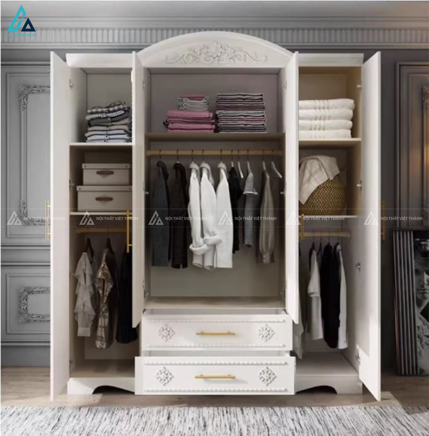 Tủ quần áo gỗ tự nhiên sơn trắng phong cách tân cổ điển sang trọng 3