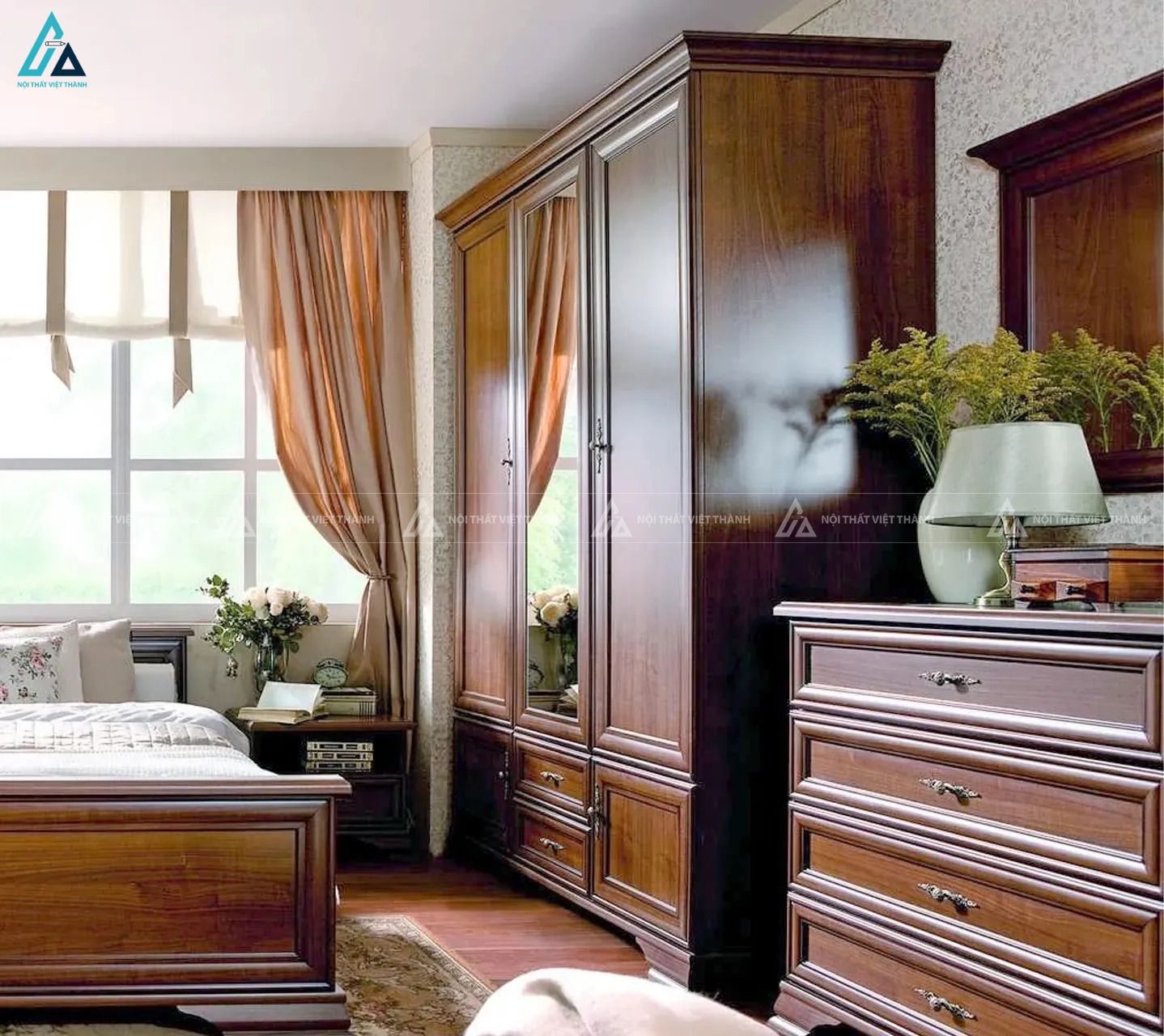 Mẫu tủ áo gỗ tự nhiên 3 cánh có gương soi thời thượng sang trọng 3