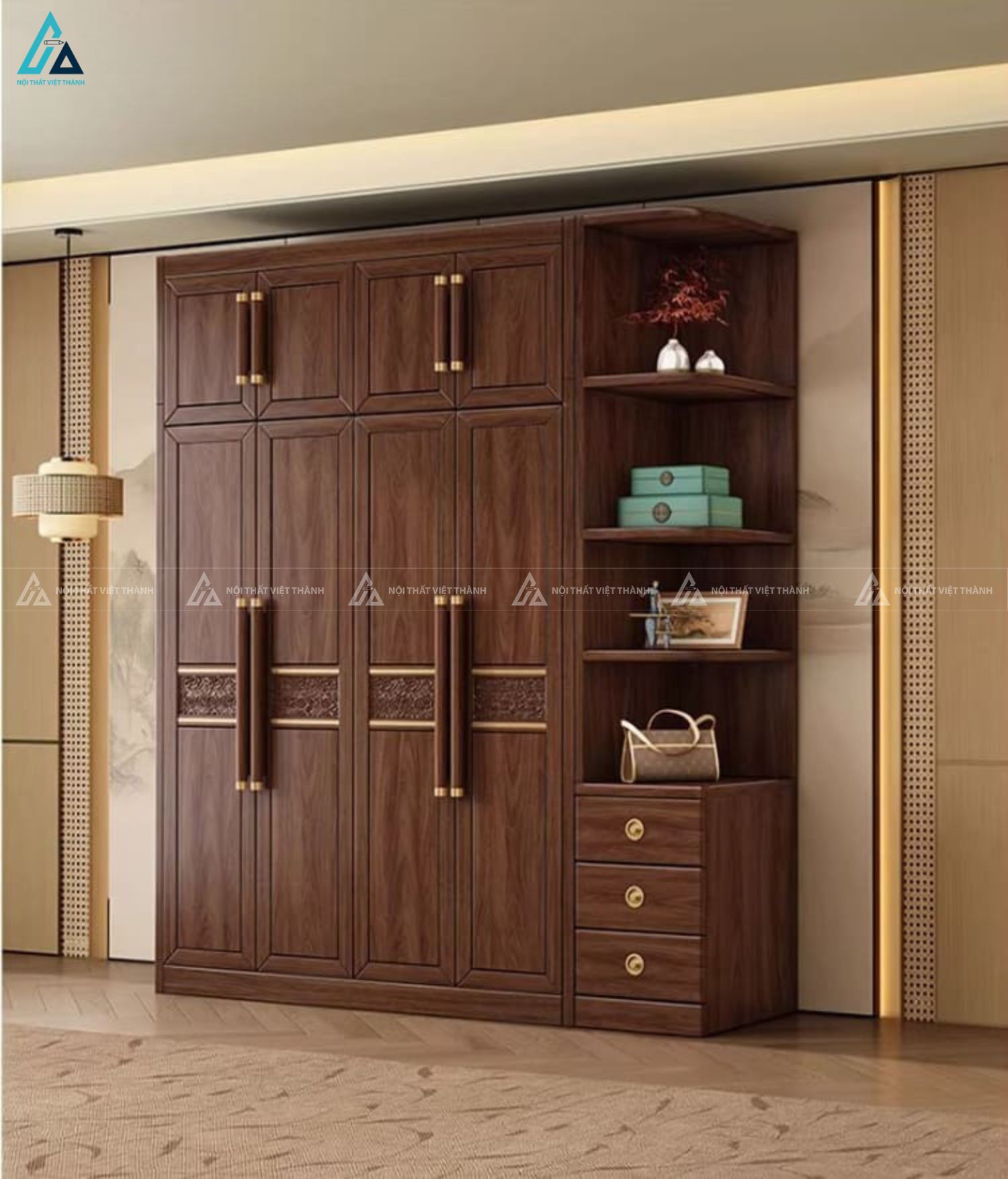 Tủ quần áo gỗ tự nhiên kết hợp kệ đa năng tiện ích phòng ngủ 2