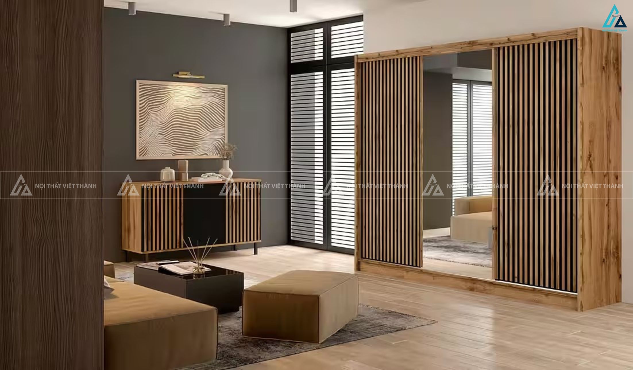 Tủ quần áo gỗ tự nhiên cửa lùa hiện đại kết hợp gương soi sang trọng 3