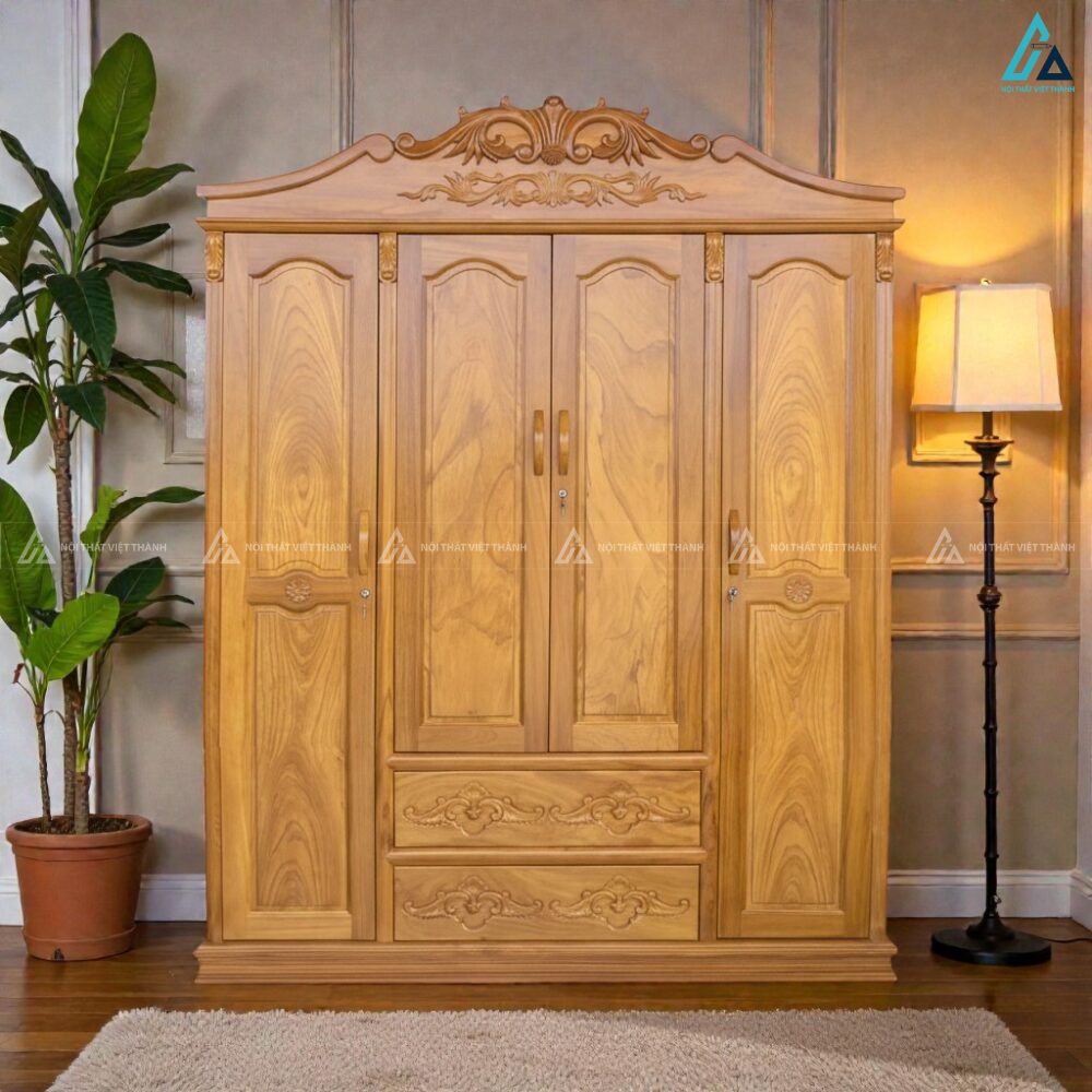 Mẫu tủ áo gỗ tự nhiên 4 cánh chạm khắc tinh xảo cho phòng ngủ