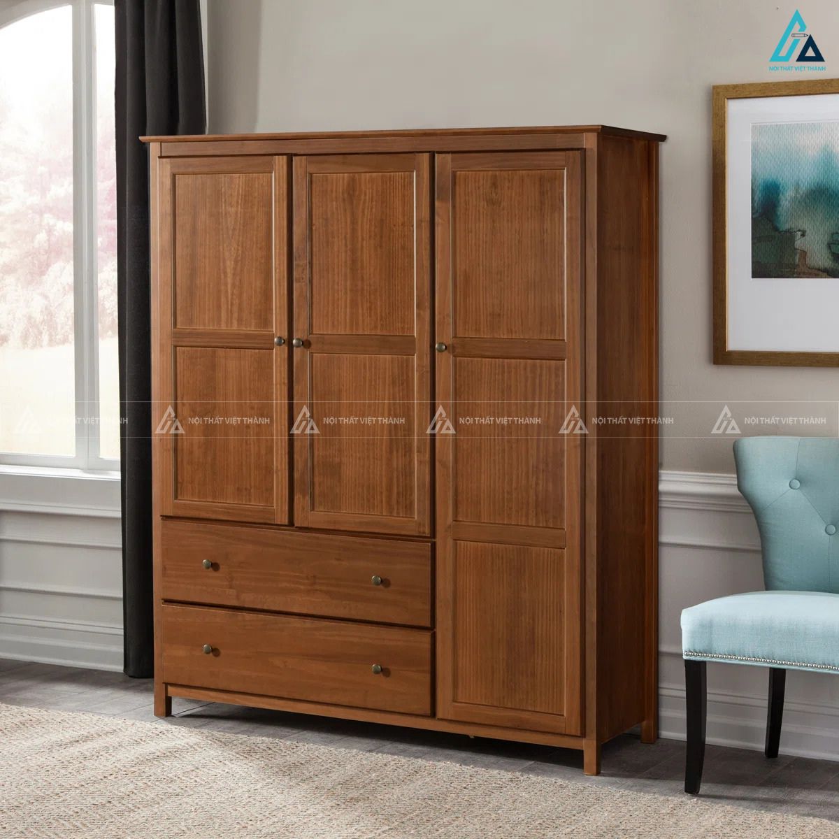 Tủ quần áo gỗ tự nhiên 3 cánh có ngăn kéo lưu trữ tiện lợi