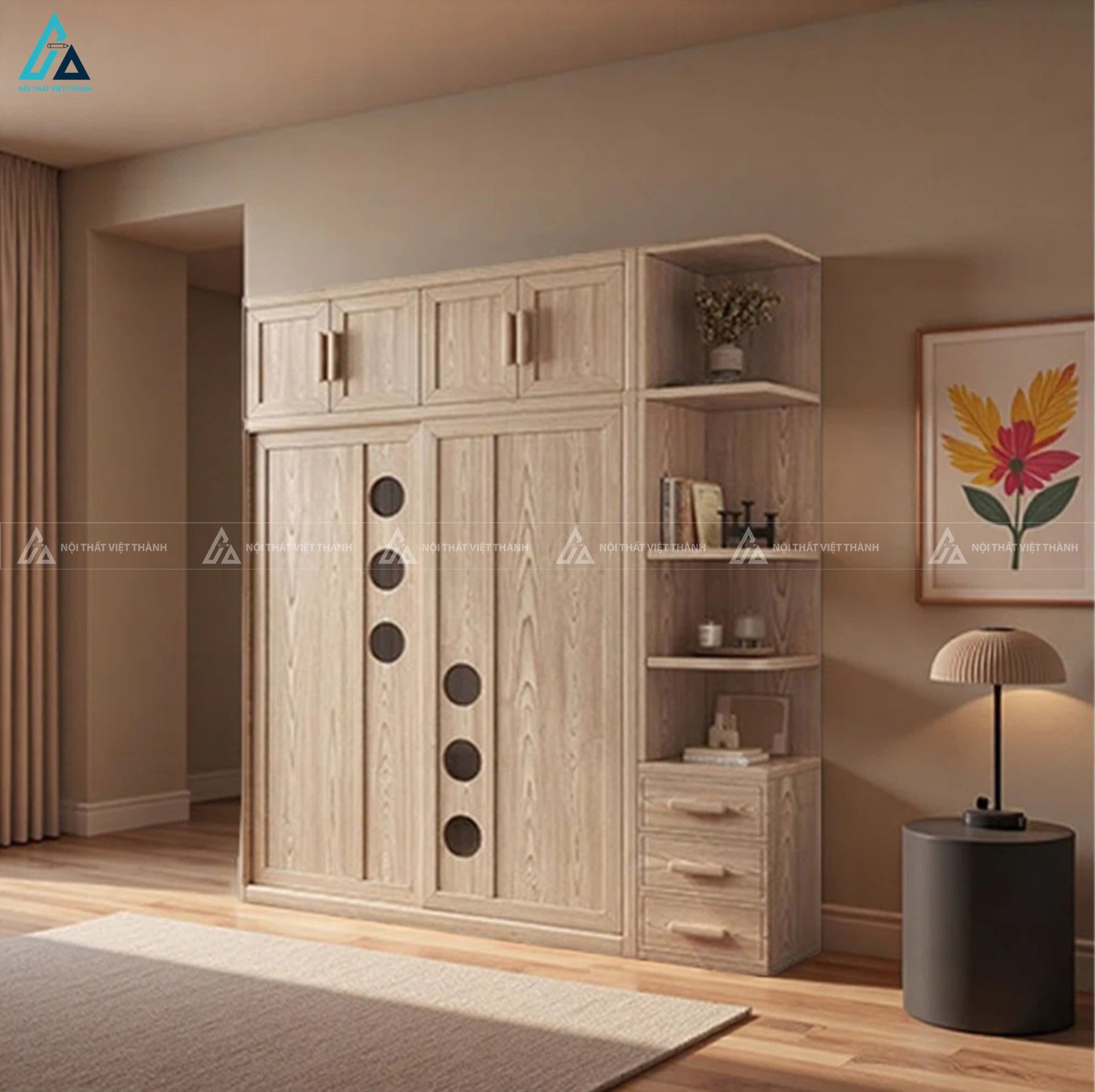 Tủ quần áo gỗ tự nhiên có kệ hông độc đáo cho phòng ngủ 1
