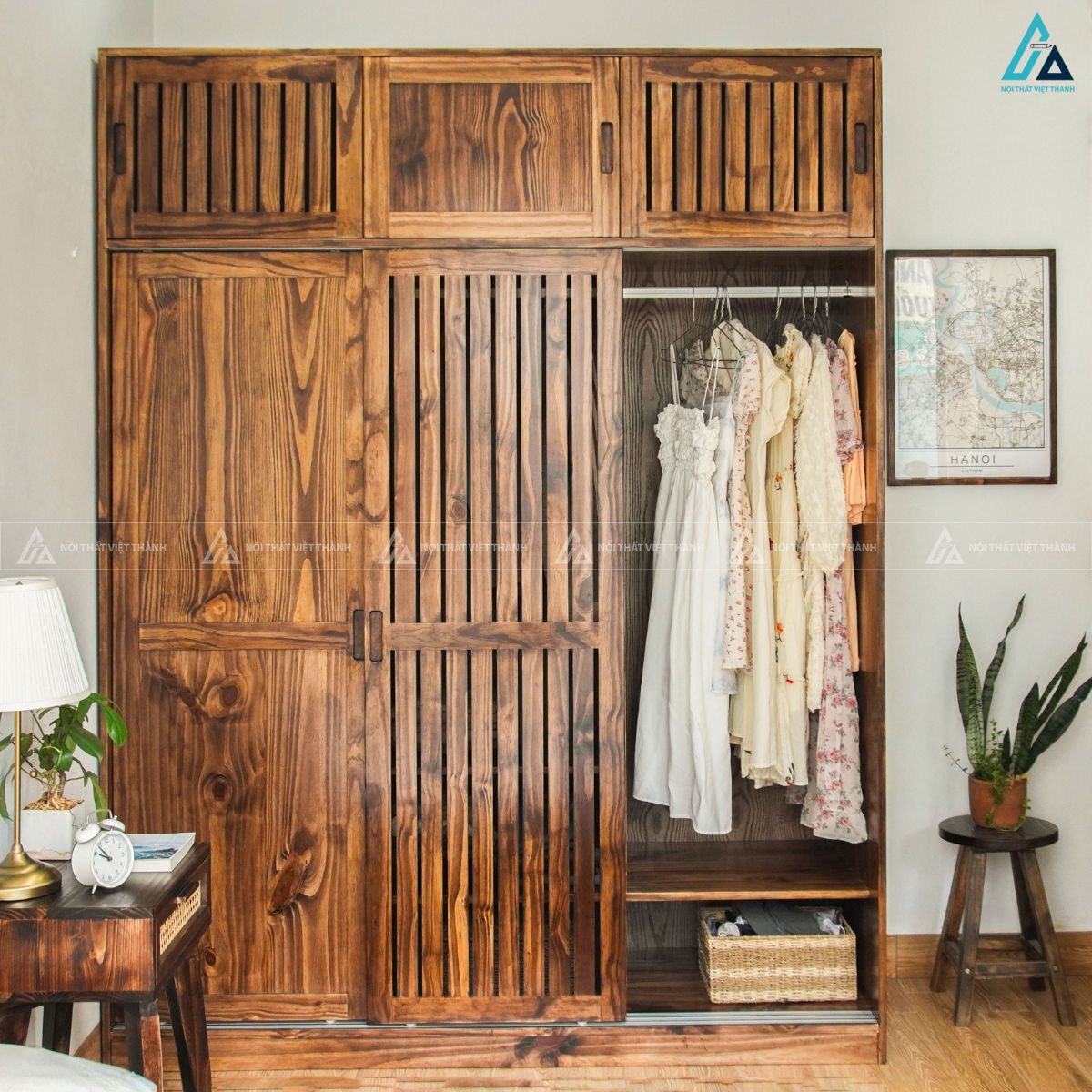 Tủ áo gỗ tự nhiên 2 cánh lùa kết hợp ngăn tầng đa năng sang trọng