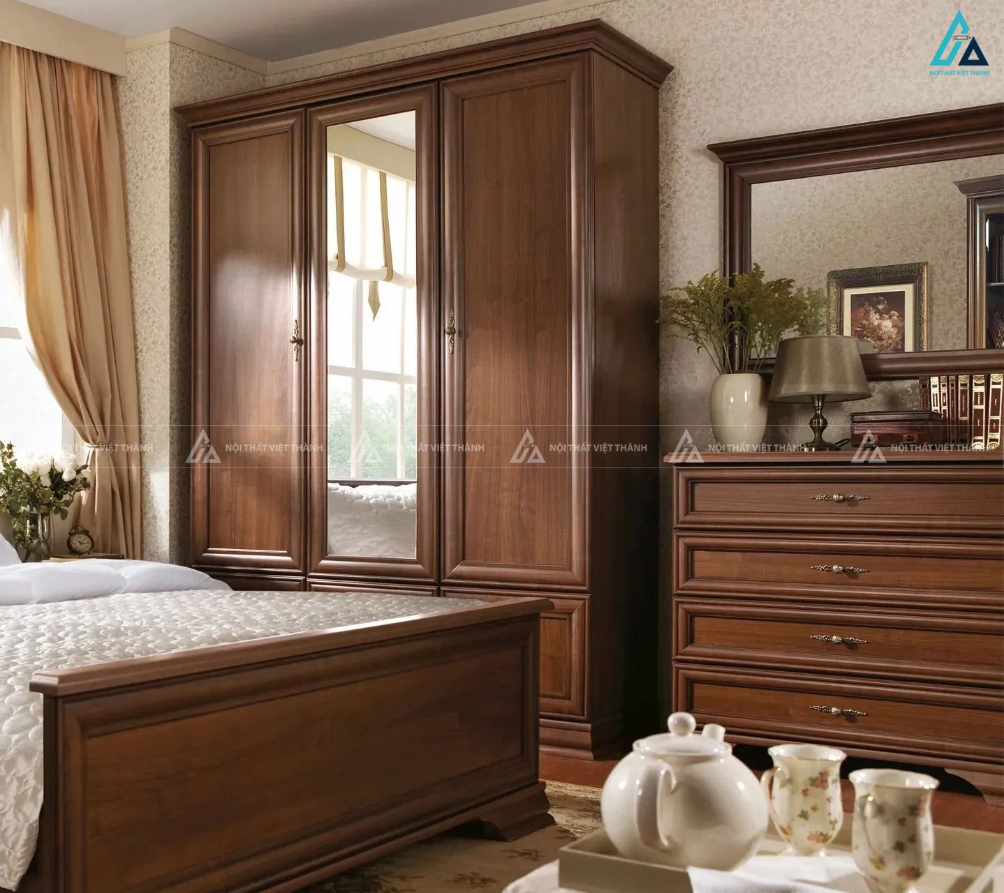 Mẫu tủ áo gỗ tự nhiên 3 cánh có gương soi thời thượng sang trọng 2
