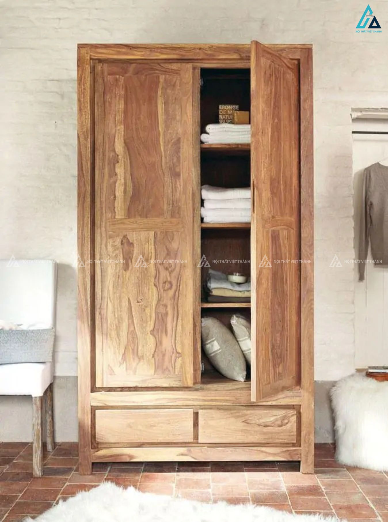 Mẫu tủ áo gỗ tự nhiên 2 cánh có ngăn kéo dưới thông minh