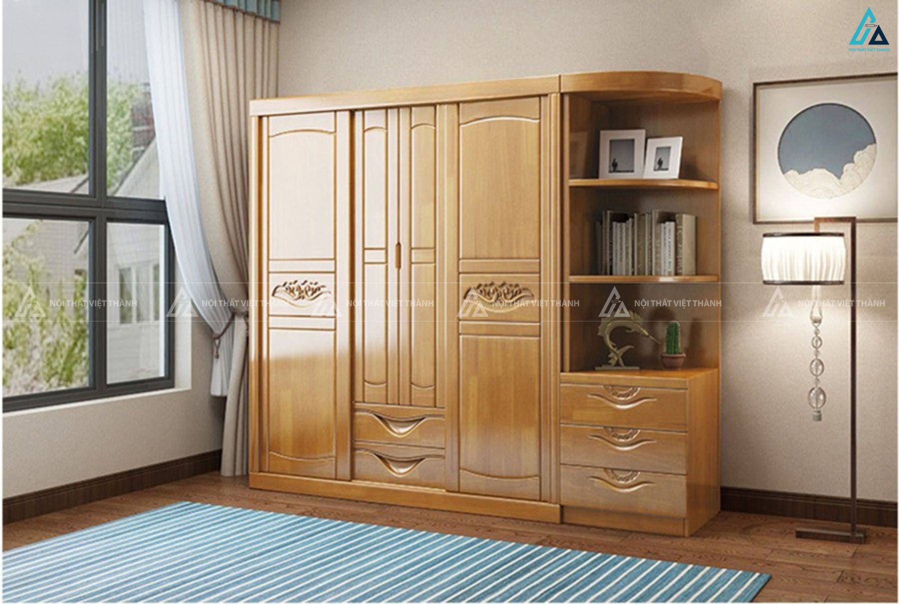 Tủ quần áo gỗ tự nhiên chạm khắc tinh xảo kèm kệ trưng bày đa năng 5
