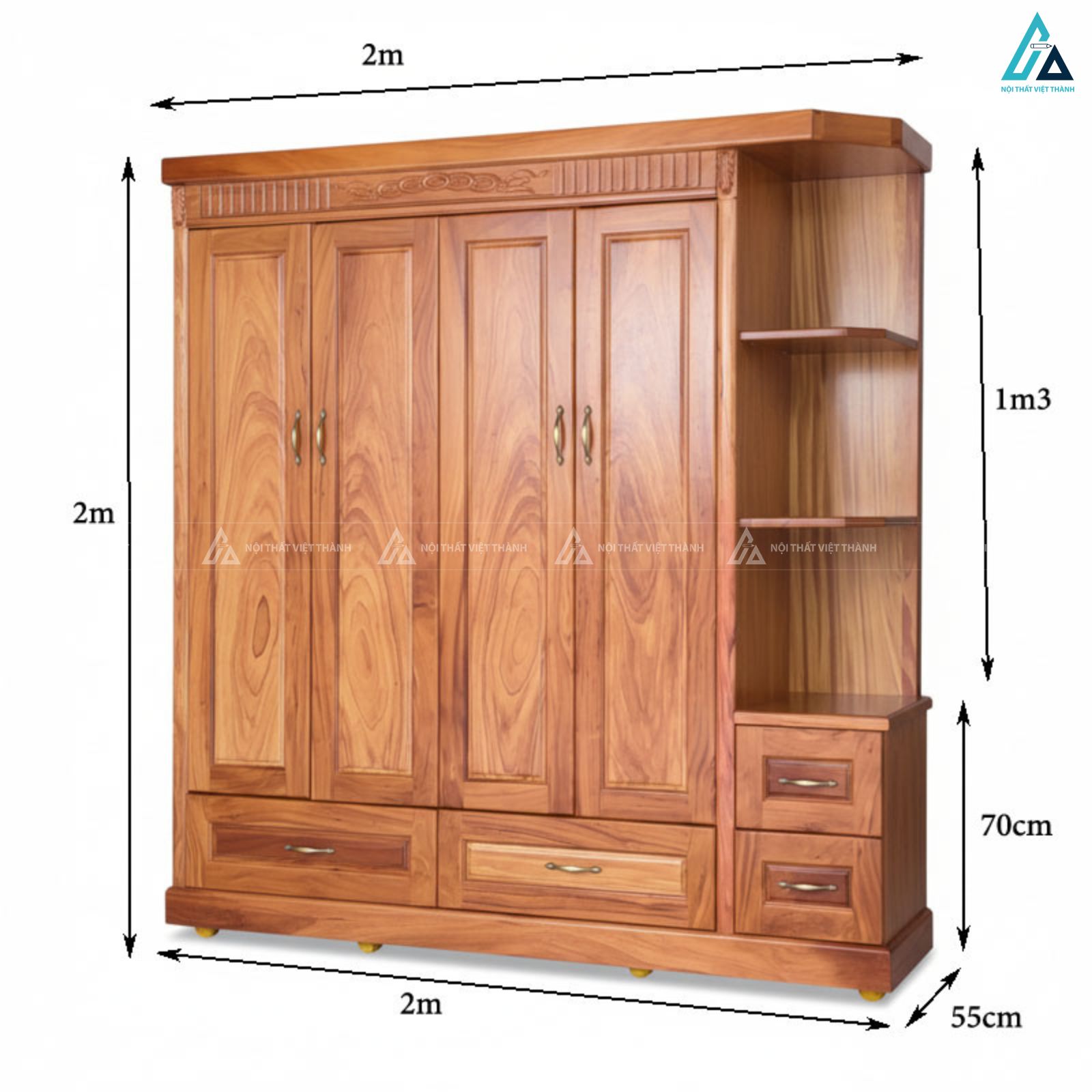 Tủ quần áo gỗ tự nhiên 4 cánh kết hợp kệ trang trí tiện nghi 4