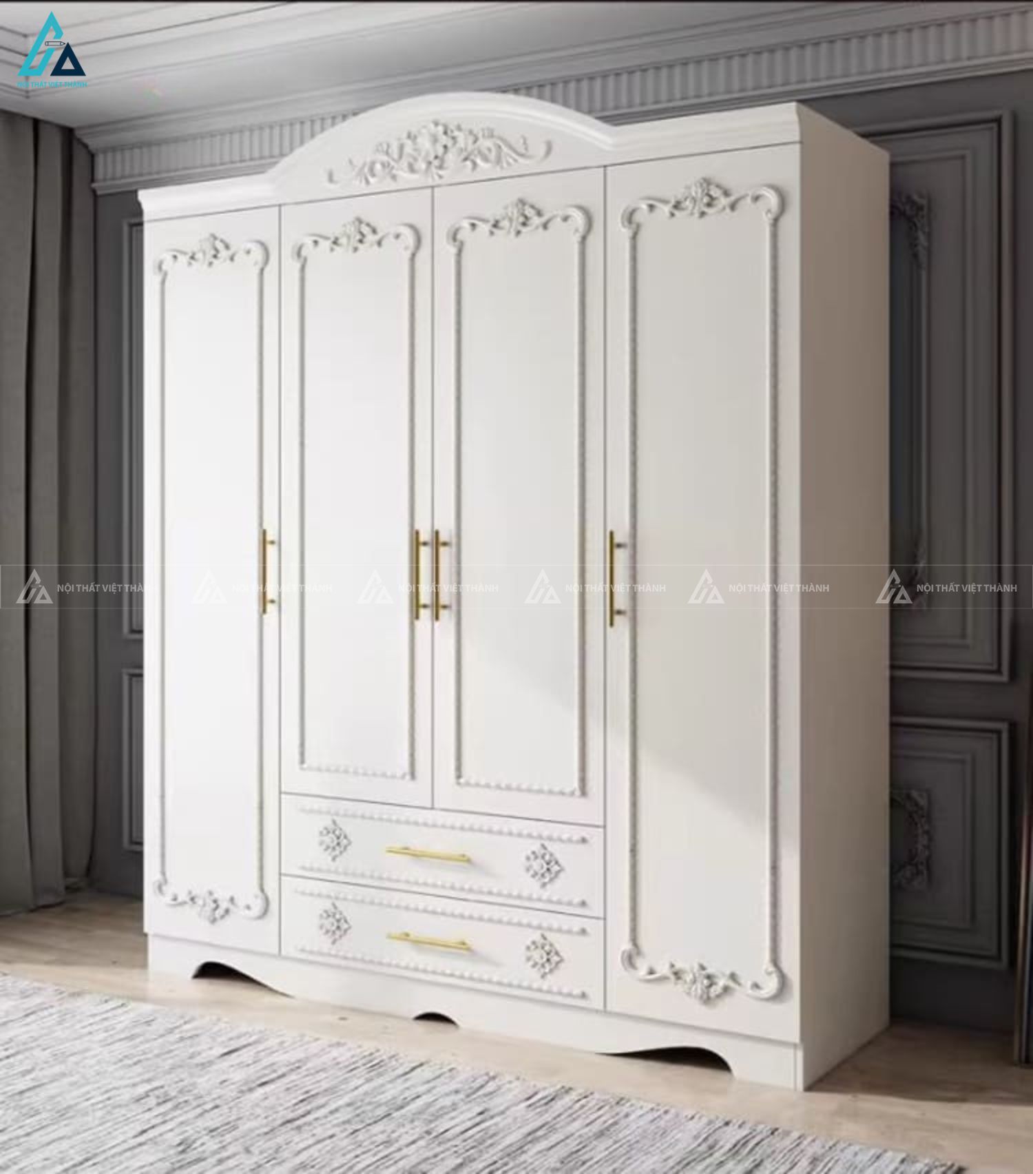 Tủ quần áo gỗ tự nhiên sơn trắng phong cách tân cổ điển sang trọng 1