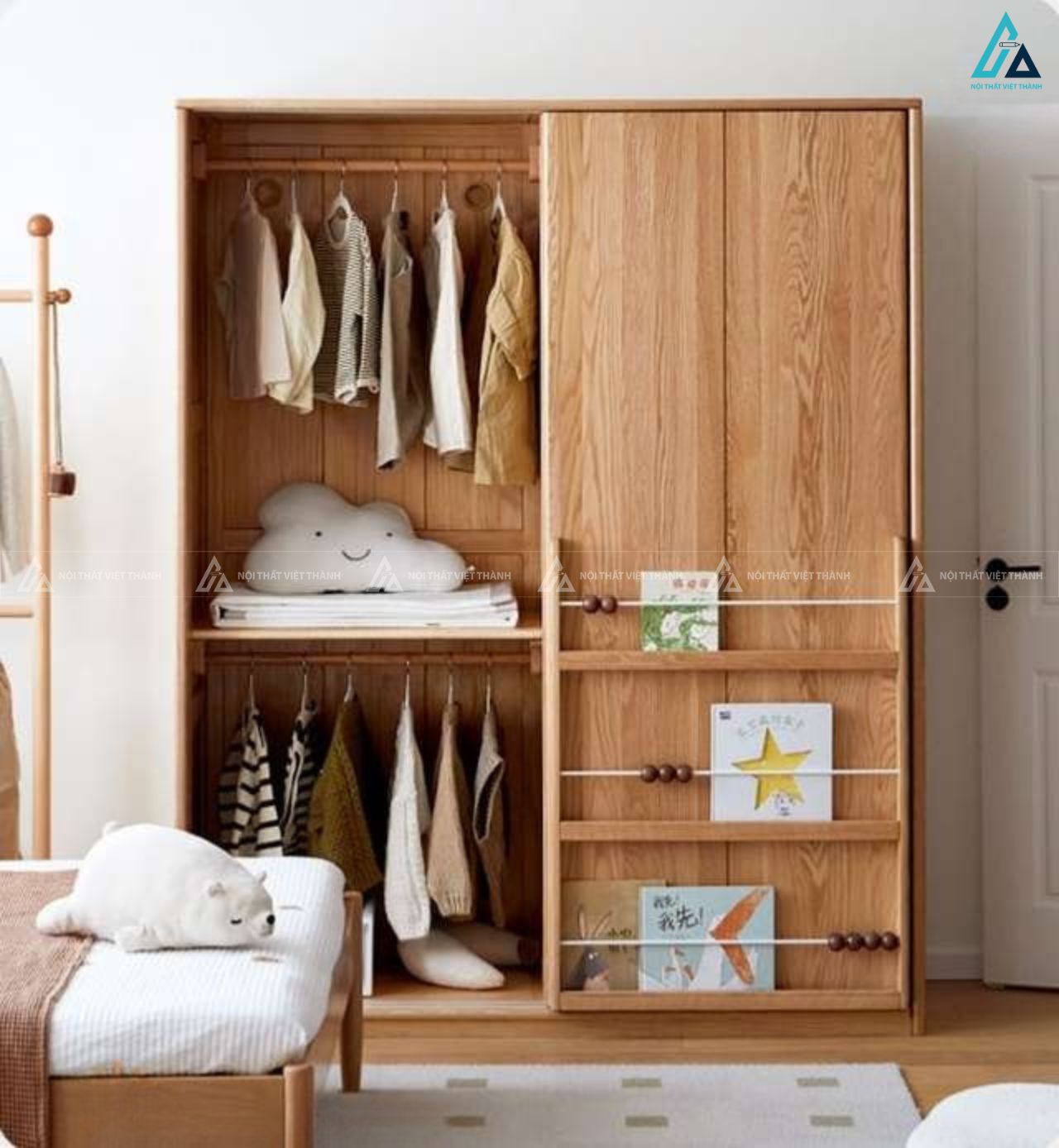 Tủ quần áo gỗ tự nhiên phong cách tối giản có kệ sách thông minh 1