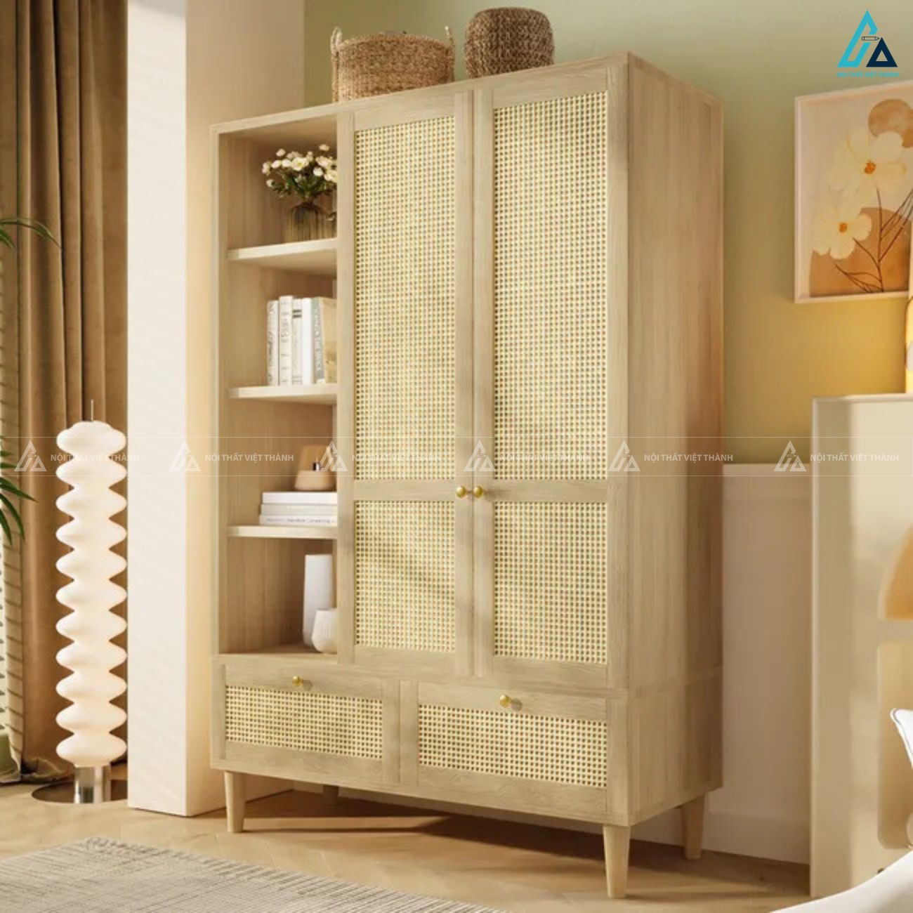 Mẫu tủ quần áo gỗ tự nhiên phối mây đan sang trọng cho phòng ngủ 4