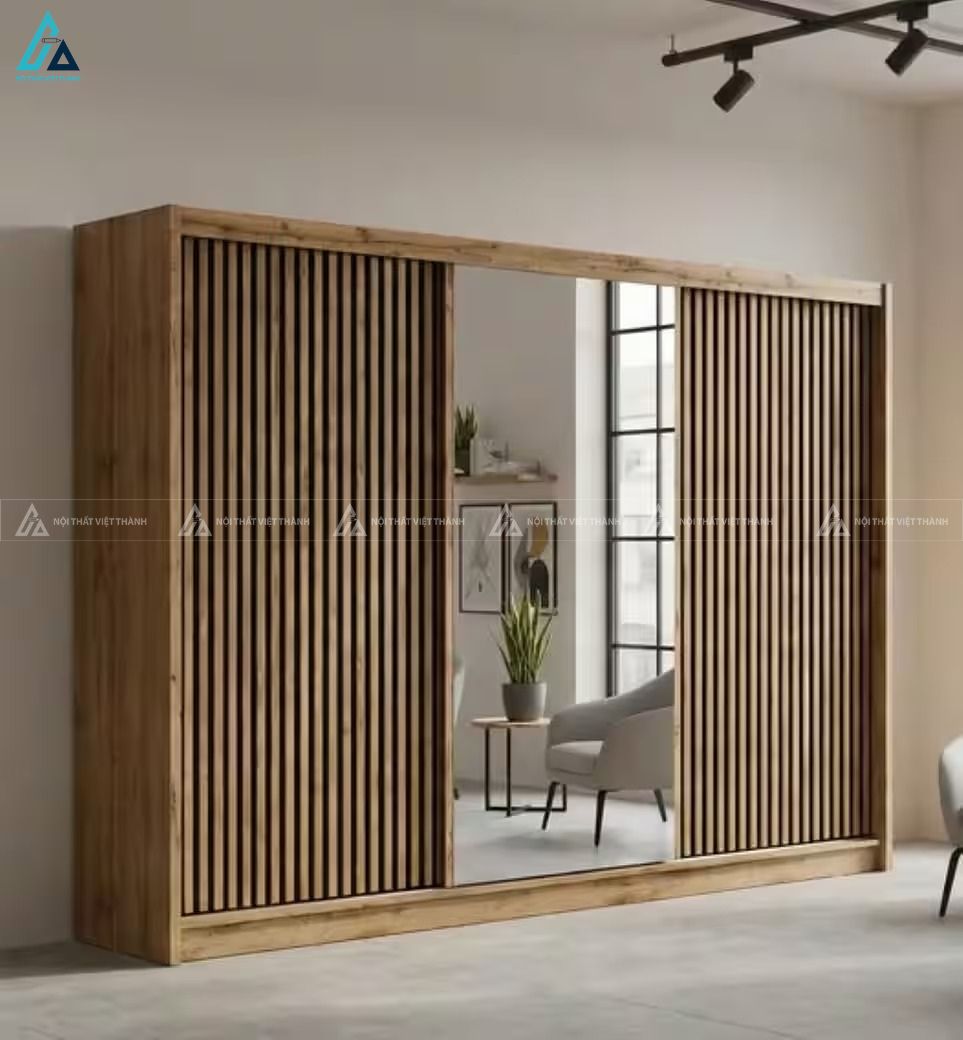 Tủ quần áo gỗ tự nhiên cửa lùa hiện đại kết hợp gương soi sang trọng