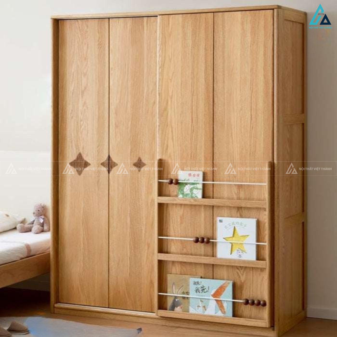 Tủ quần áo gỗ tự nhiên phong cách tối giản có kệ sách thông minh