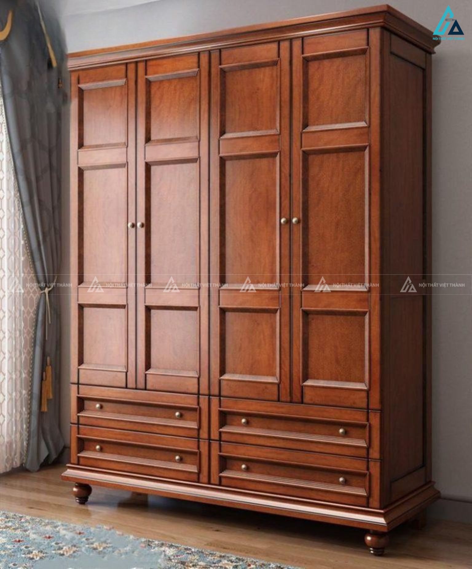 Tủ quần áo gỗ tự nhiên 4 cánh sang trọng phong cách cổ điển