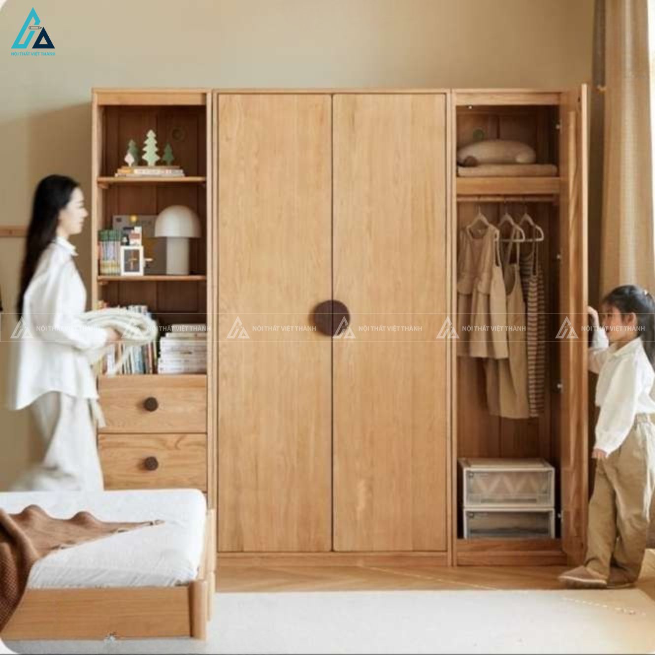 Tủ quần áo gỗ tự nhiên tích hợp kệ trang trí và ngăn kéo thông minh 1