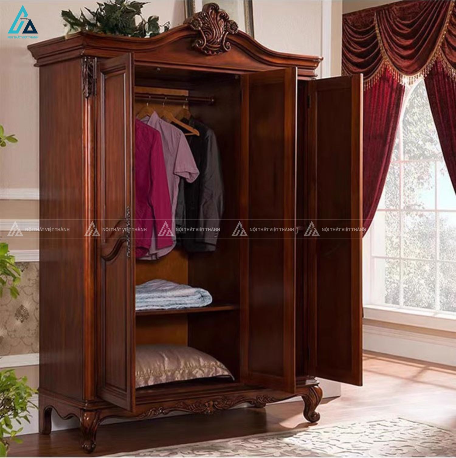 Tủ áo gỗ tự nhiên chạm khắc nghệ thuật phong cách cổ điển 3