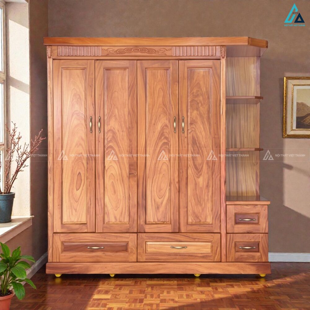 Tủ quần áo gỗ tự nhiên 4 cánh kết hợp kệ trang trí tiện nghi