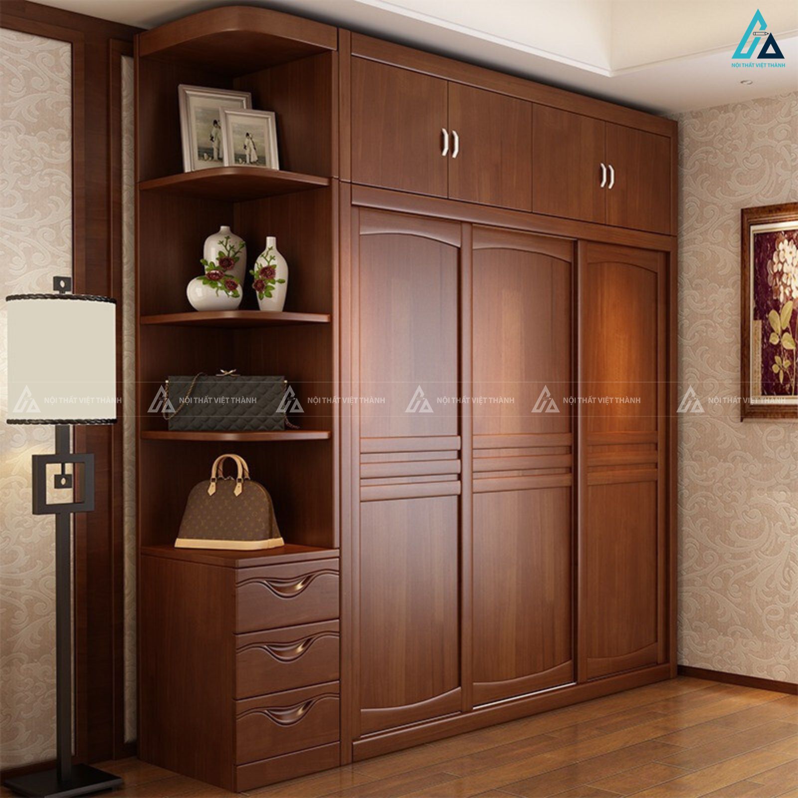 Mẫu tủ áo gỗ tự nhiên 3 cánh kèm kệ decor hiện đại cho phòng ngủ 1