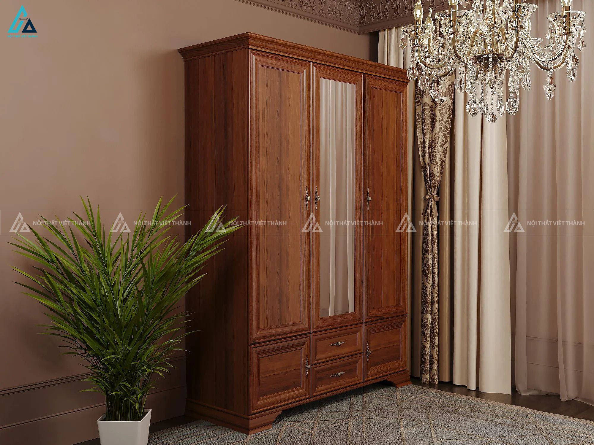 Mẫu tủ áo gỗ tự nhiên 3 cánh có gương soi thời thượng sang trọng 1