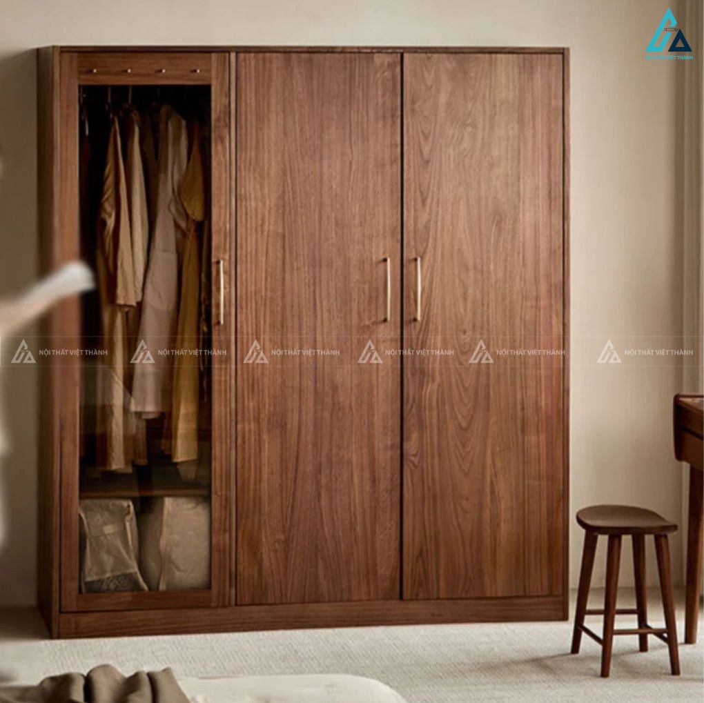 Mẫu tủ áo gỗ tự nhiên 3 cánh phối kính tiện ích và tinh tế