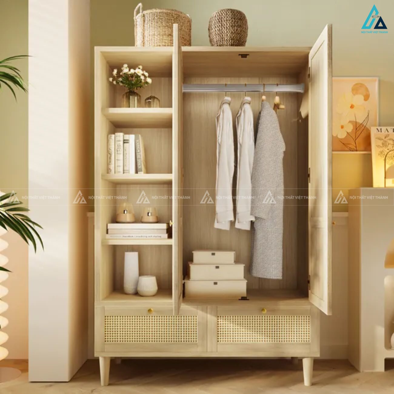 Mẫu tủ quần áo gỗ tự nhiên phối mây đan sang trọng cho phòng ngủ 5