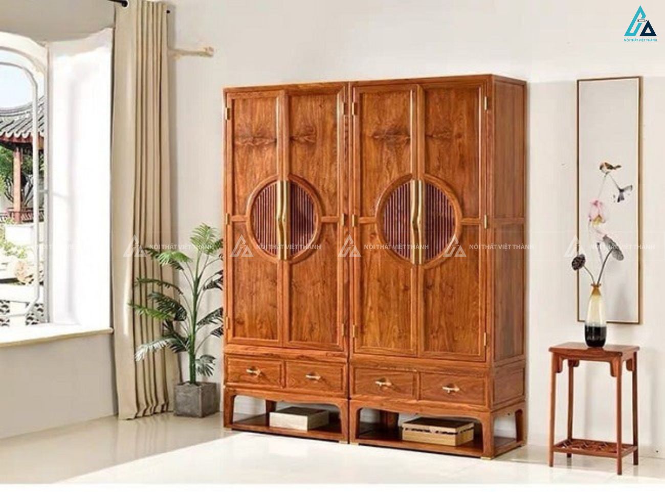 Tủ quần áo gỗ tự nhiên phong cách Trung Hoa cổ điển sang trọng 1