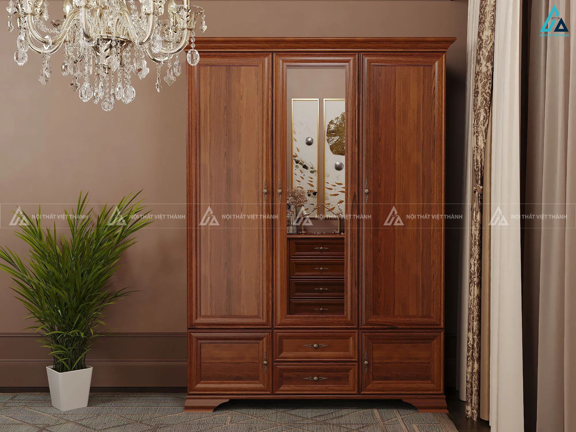 Mẫu tủ áo gỗ tự nhiên 3 cánh có gương soi thời thượng sang trọng