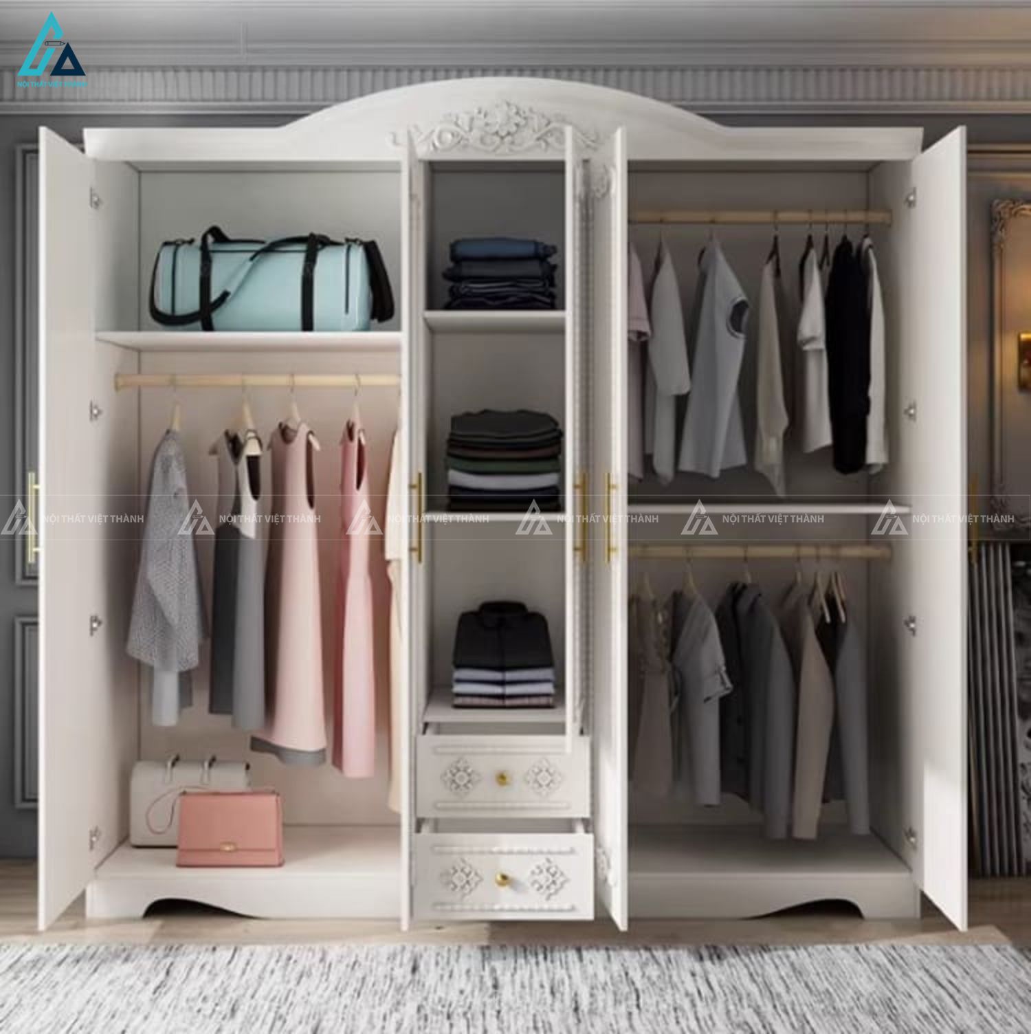 Tủ quần áo gỗ tự nhiên sơn trắng phong cách tân cổ điển sang trọng 4