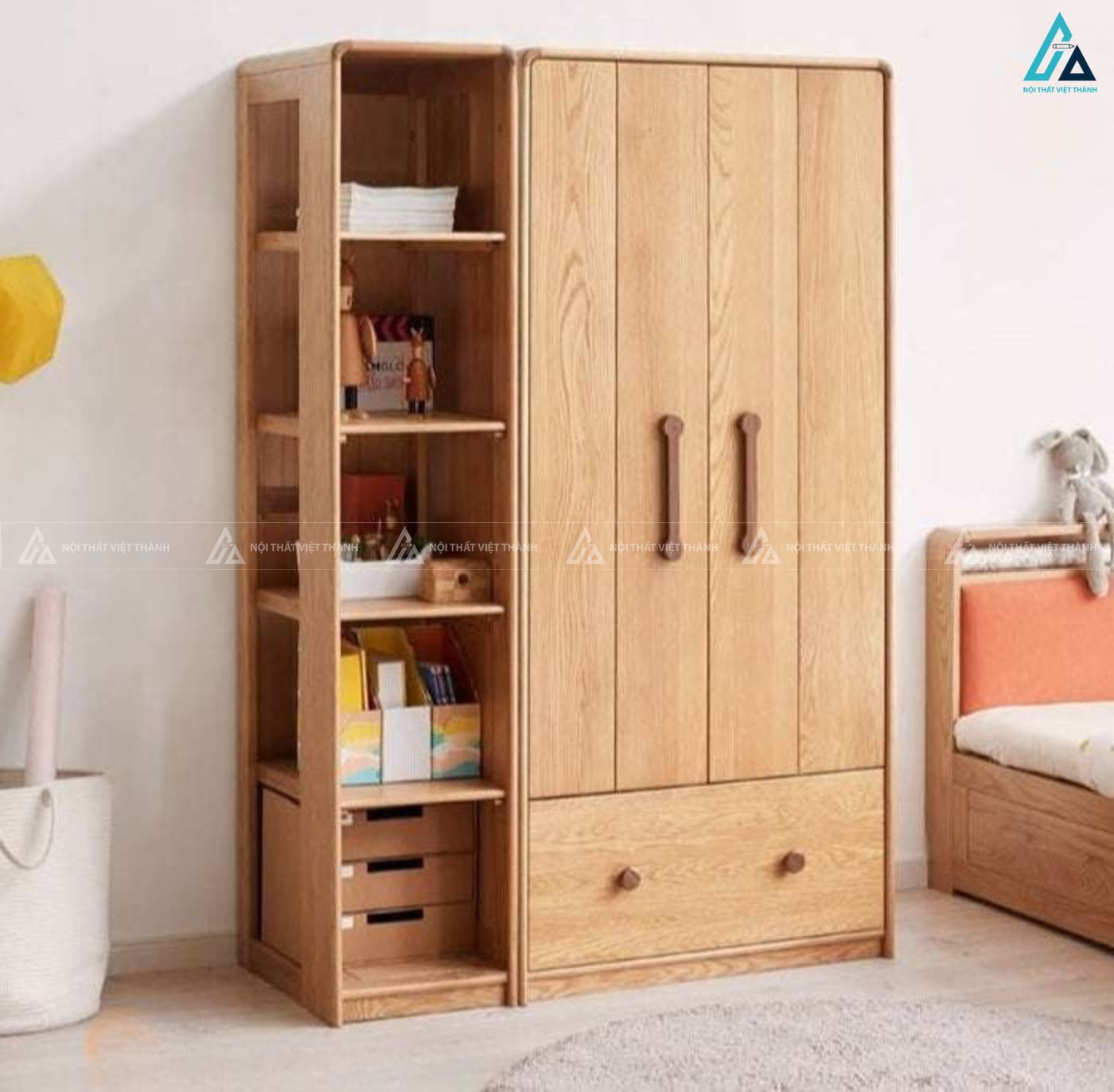 Tủ quần áo gỗ tự nhiên thiết kế thông minh với kệ sách trang trí 5