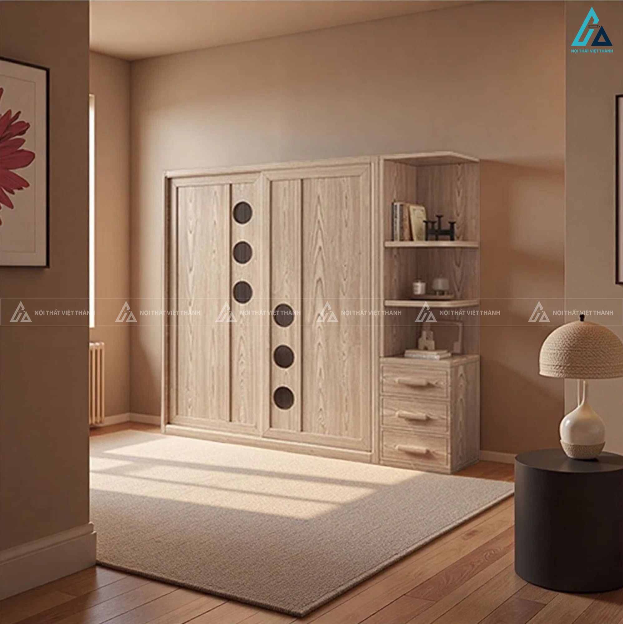 Tủ quần áo gỗ tự nhiên có kệ hông độc đáo cho phòng ngủ 6