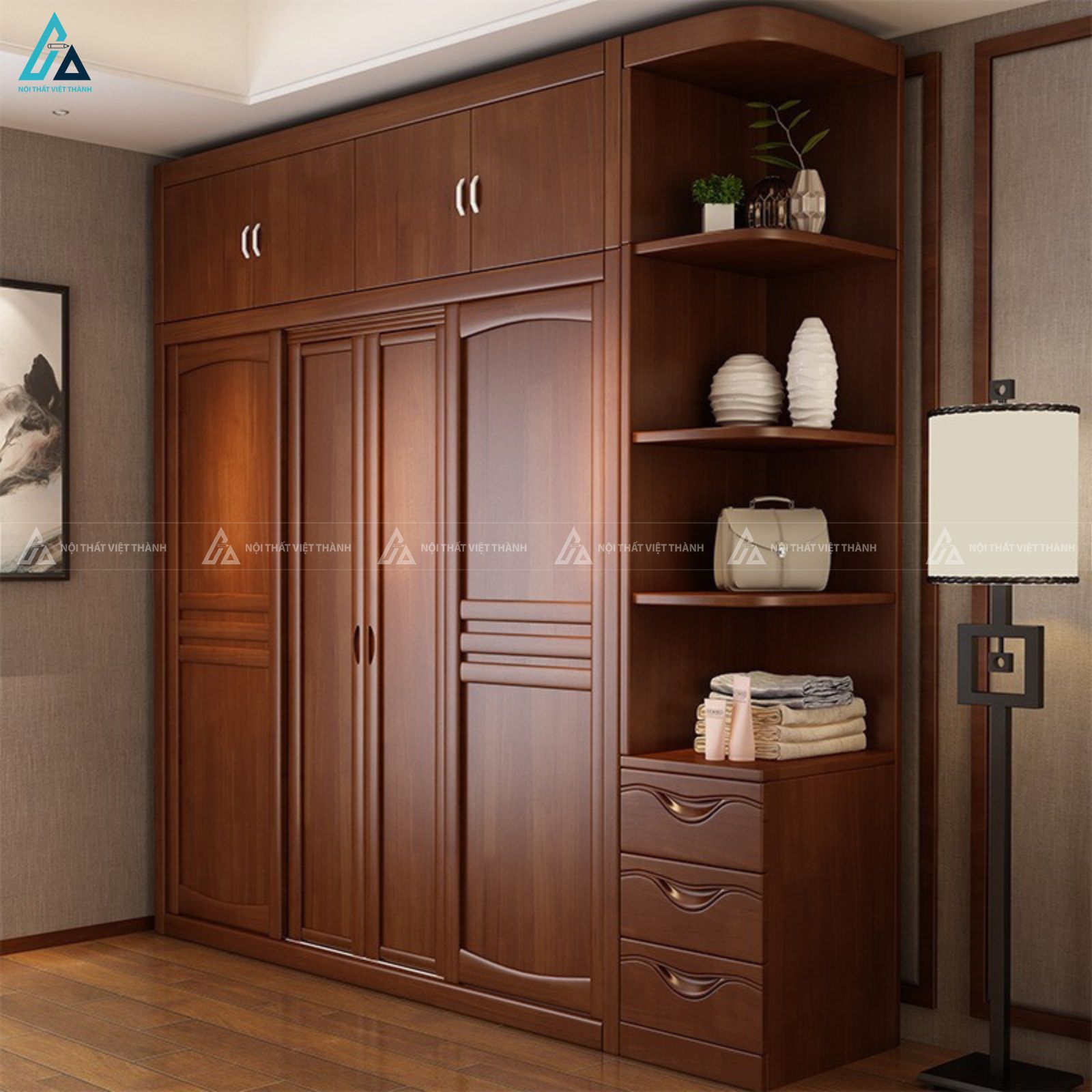 Mẫu tủ áo gỗ tự nhiên 3 cánh kèm kệ decor hiện đại cho phòng ngủ