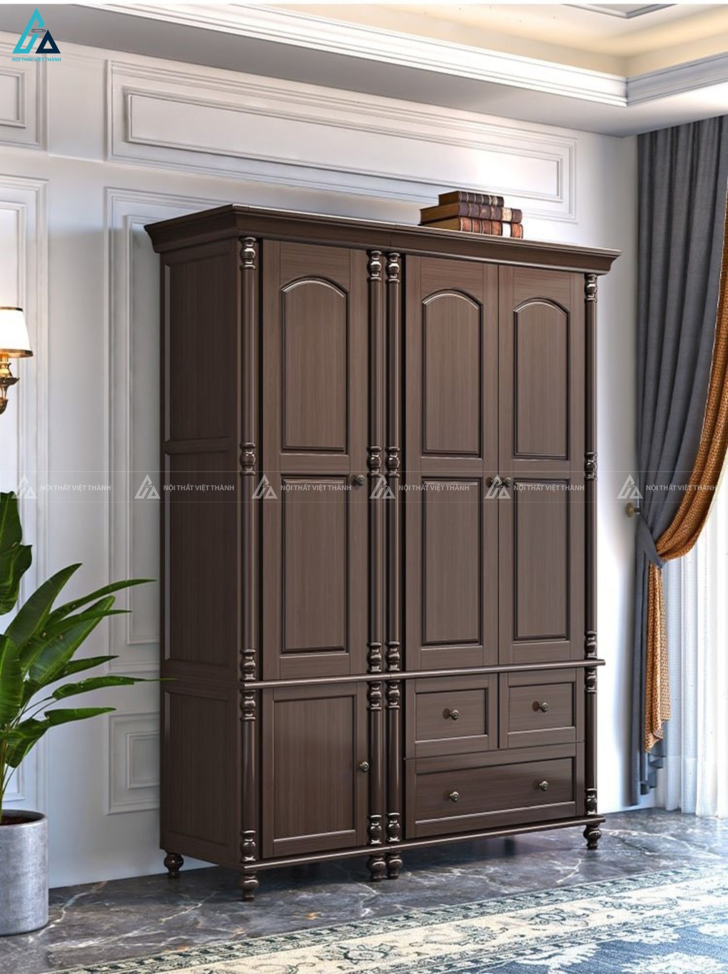 Tủ quần áo gỗ tự nhiên tân cổ điển sang trọng cho phòng ngủ 3
