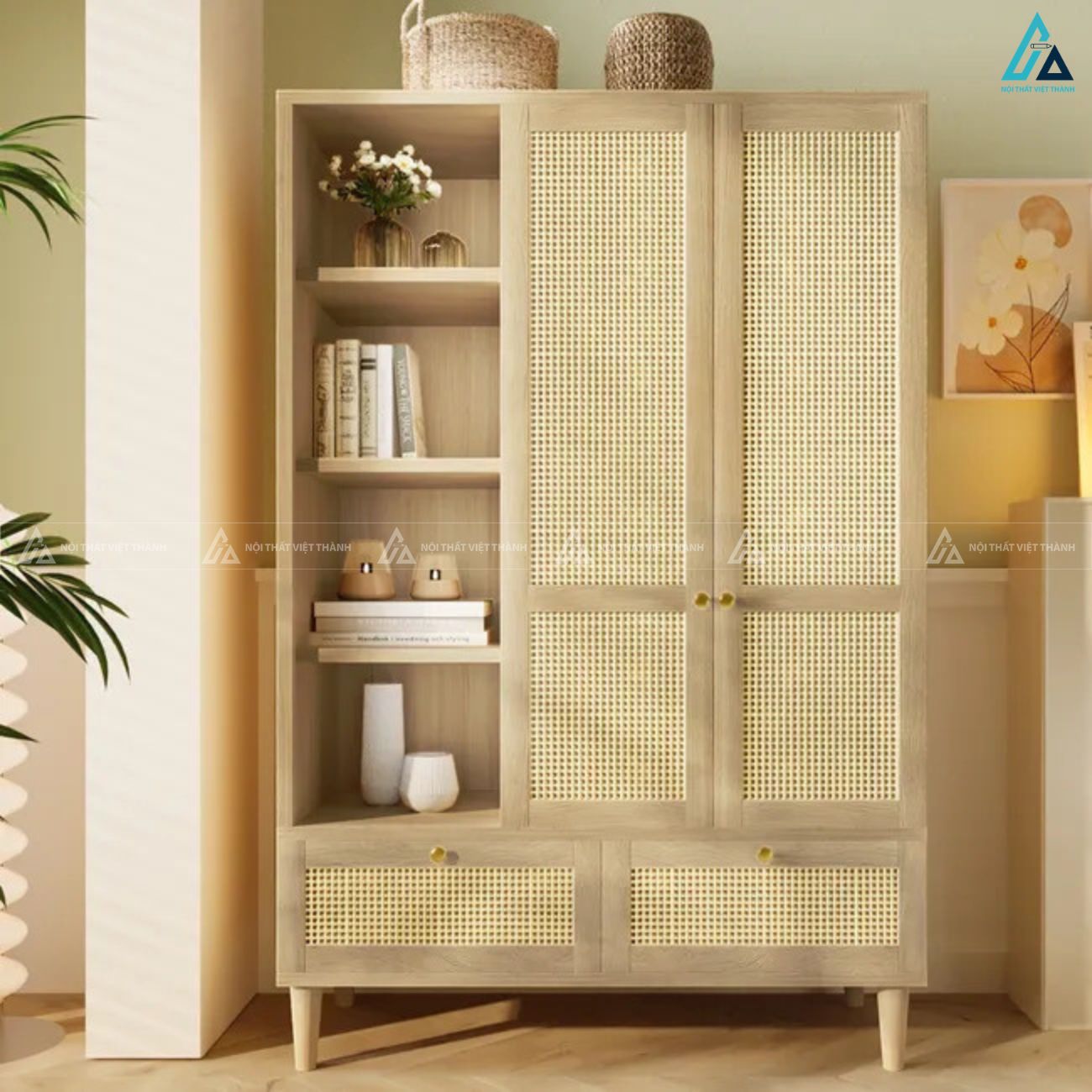 Mẫu tủ quần áo gỗ tự nhiên phối mây đan sang trọng cho phòng ngủ