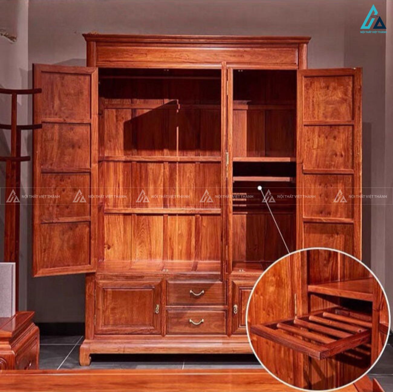 Tủ quần áo gỗ tự nhiên màu trầm sang trọng phong cách Á Đông độc đáo 2