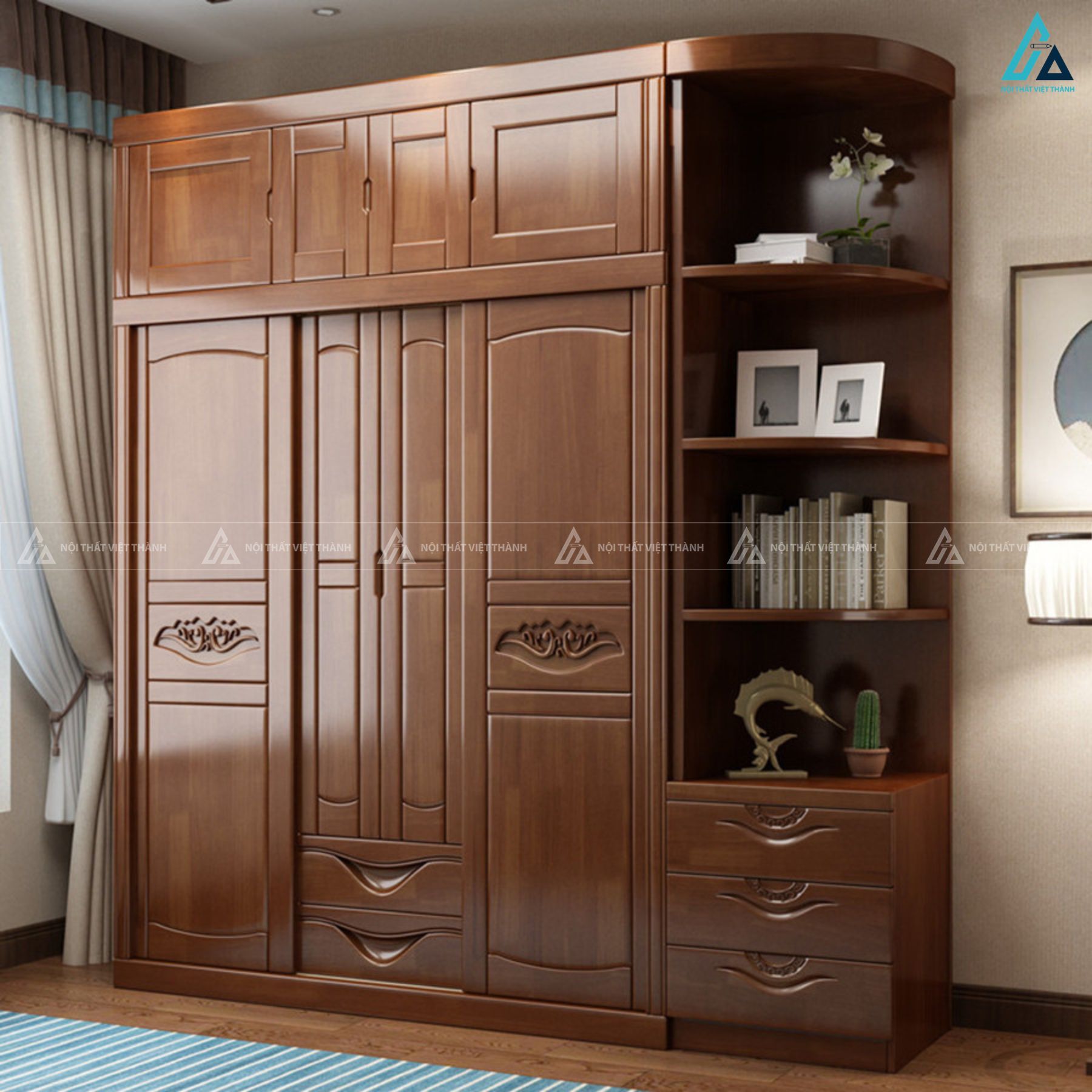Tủ quần áo gỗ tự nhiên chạm khắc tinh xảo kèm kệ trưng bày đa năng