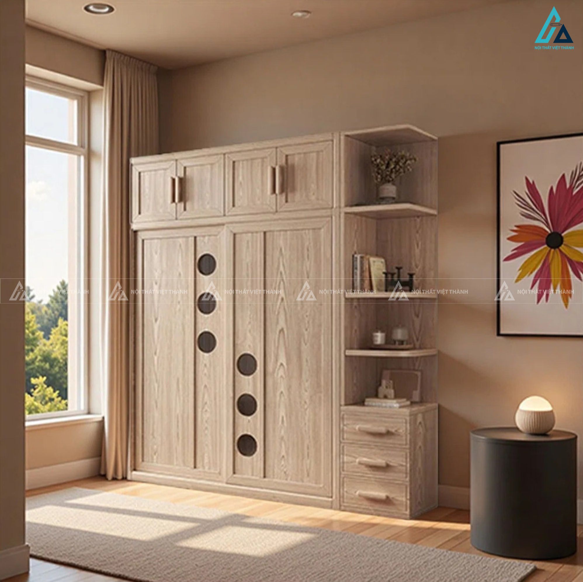 Tủ quần áo gỗ tự nhiên có kệ hông độc đáo cho phòng ngủ