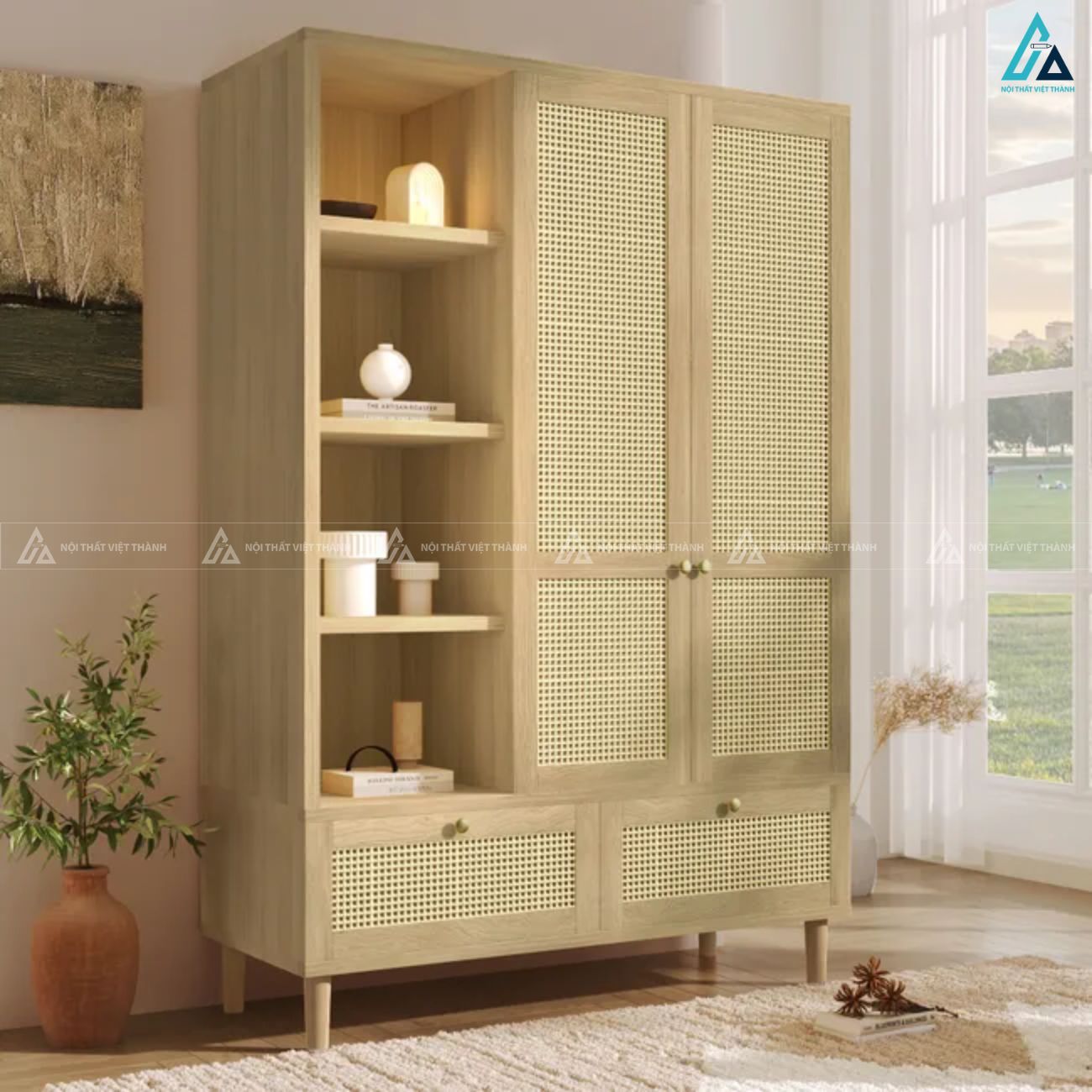Mẫu tủ quần áo gỗ tự nhiên phối mây đan sang trọng cho phòng ngủ 6