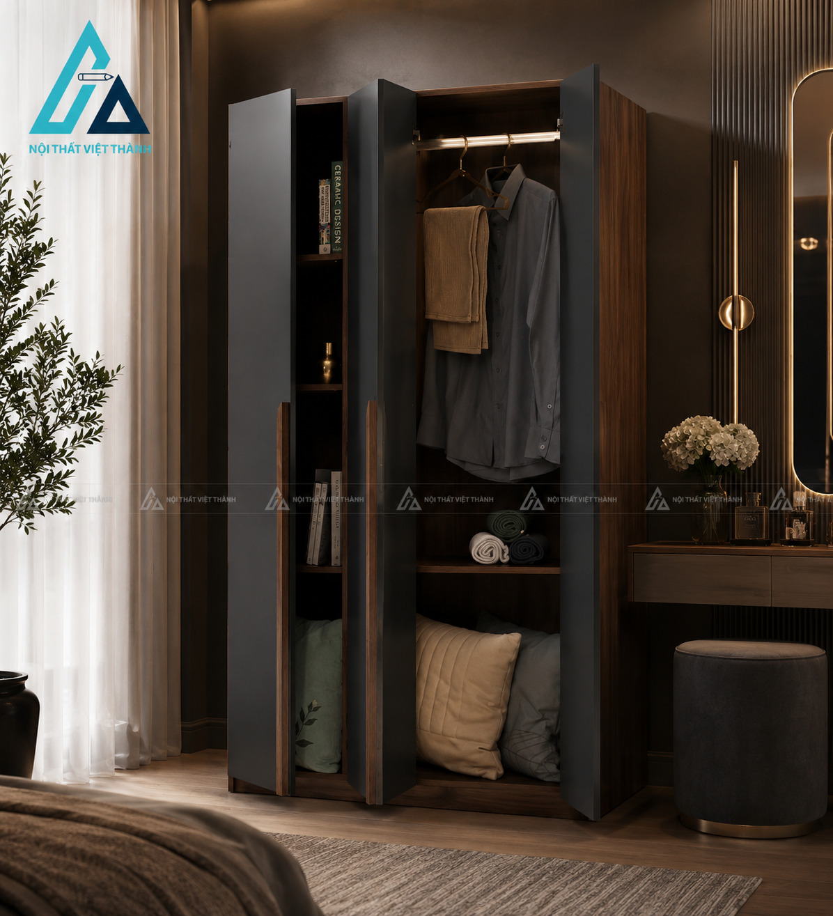 Tủ quần áo mdf 3 cánh màu óc chó phong cách retro hiện đại tiện dụng