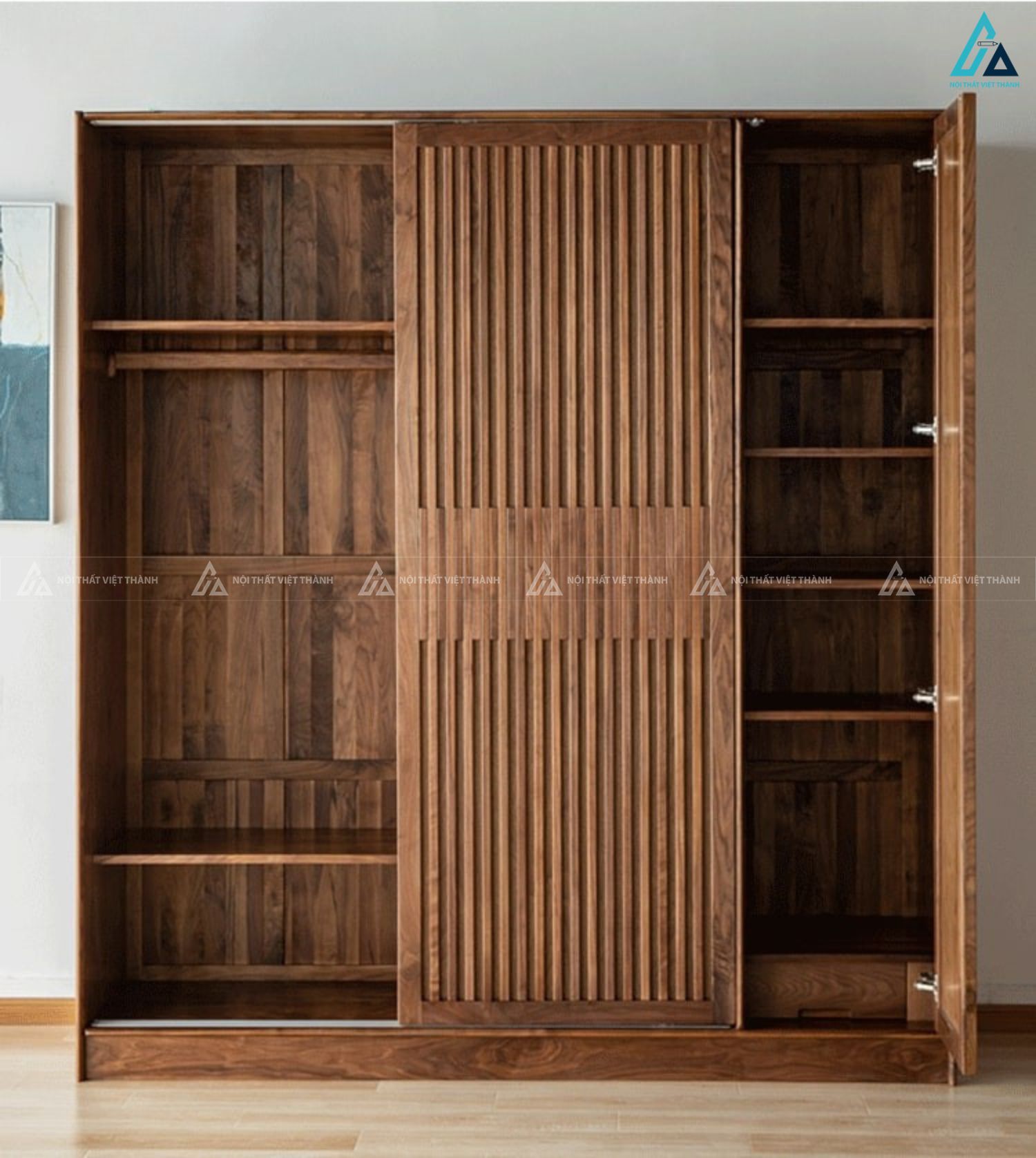 Mẫu tủ áo gỗ tự nhiên 3 cánh lùa thiết kế phong cách tối giản 1