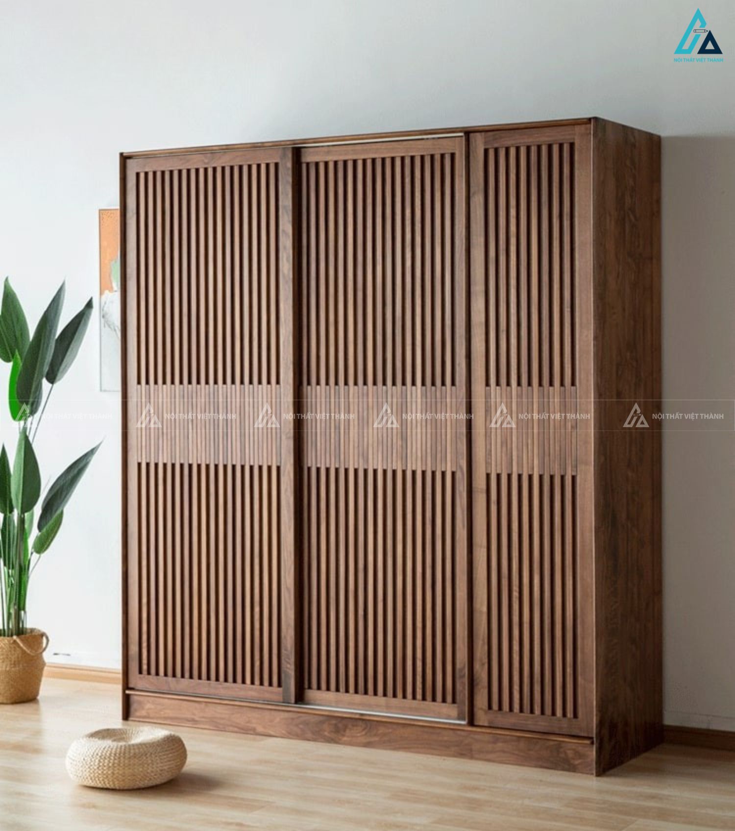 Mẫu tủ áo gỗ tự nhiên 3 cánh lùa thiết kế phong cách tối giản