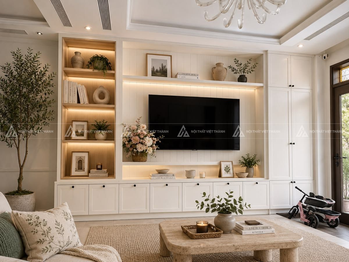 Mẫu kệ tivi màu trắng phòng khách sang trọng
