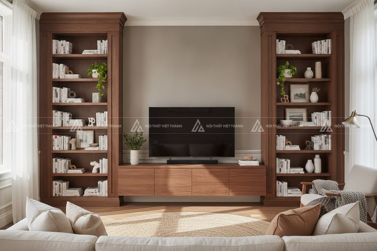 Mẫu tủ tivi phòng khách đồng bộ với bố cục